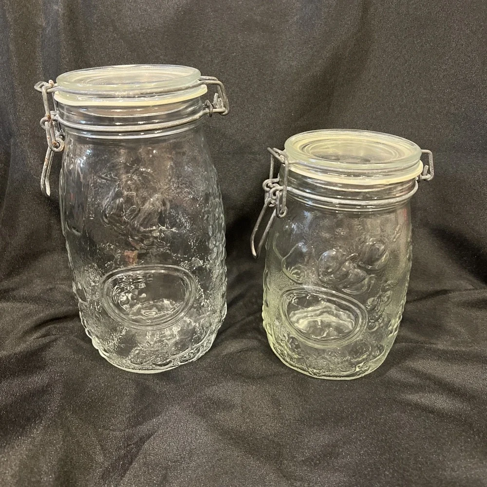 Wheaton 1.5‎ L & 1 L  Jars Canister Fruit Embossed Clear Glass Wire Clasp Seal
